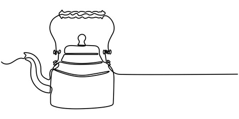 Teapot Sine Teapot Single Line Drawing Vector Illustration with Heart Banner agle Line Drawing Banner with Space, One single line drawing of stainless steel kettle teapot home appliance. Electricity. 