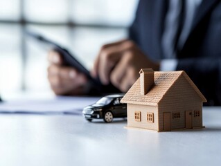 Fototapeta premium Model house and car with businessman using smartphone in background