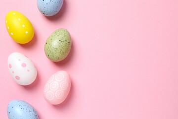 Happy Easter. Colorful eggs on color background, space for text or advertising