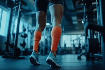 Fototapeta premium Hamstring injury muscle therapy. Sports injury care. Pain physiotherapy. Athlete wearing a compression sleeve during performance activity.