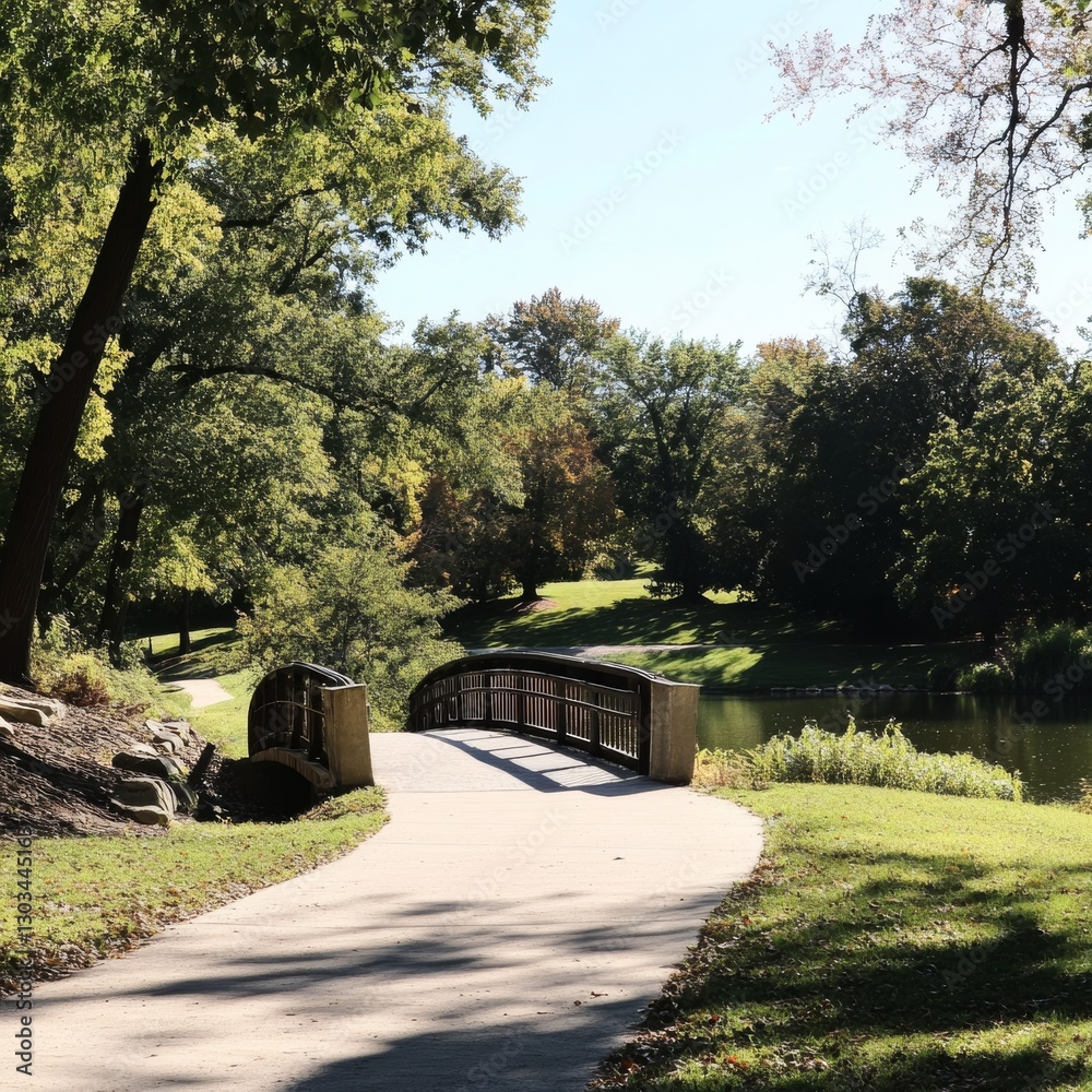 Poster pathway to serenity: a tranquil park scene with a footbridge over a calm lake, surrounded by lush gr