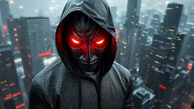 Cybernetic bounty hunter on a ruined skyscraper, scanning a shadowy cityscape with intense glowing red eyes.