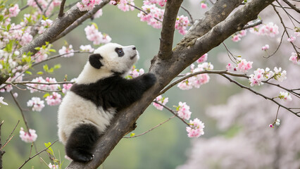 Fototapeta premium A young panda explores a blossoming cherry tree, its gaze upward, lost in the beauty of spring.Panda cub, nestled amongst delicate pink cherry blossoms, climbs a branch.