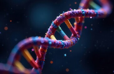 Rainbow DNA chain on dark background, close up