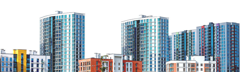 Modern high-rise condominium building in downtown city. Residential property with a sleek facade, new real estate development in an urban neighborhood. Multistory housing complex, isolated on white