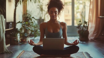 Young woman meditating at home with online video meditation lesson using laptop.
