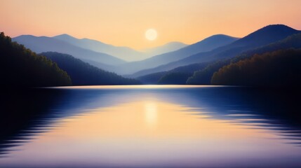 Fototapeta premium Serene sunset over a tranquil lake surrounded by mountain and lush forests