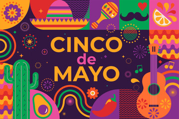 Cinco de Mayo,tile banner with geometric simple symbols of holiday-pepper,margarita,guitar,sombrero on background with fireworks.Flyer for advertise,web,social media,design, marketing and print.Vector