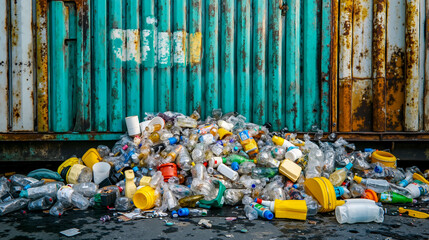 Fototapeta premium A pile of plastic bottles and other trash on the ground