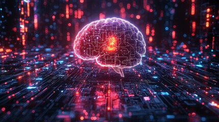 Futuristic AI algorithm functioning as a digital brain scans and detects deepfake content on social media platforms amidst bright neon interfaces