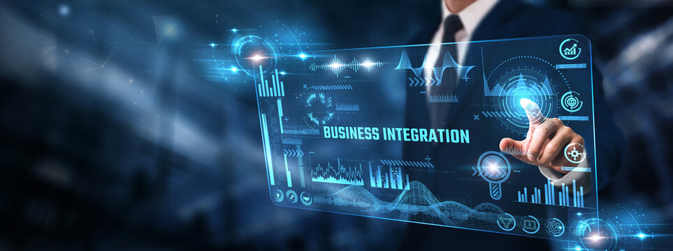 Business Integration: Businessman analyzing digital screen of Graph data and process automation, system connectivity, data synchronization, workflow optimization, and strategic alignment.