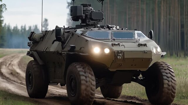 Military armored vehicle navigates rugged terrain in dense forest during daylight