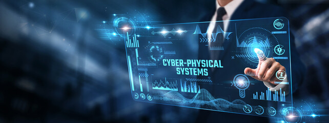 CPS (Cyber-Physical Systems): Businessman analyzing digital screen of graph data and real-time monitoring, system integration, automation, IoT connectivity, and intelligent control.