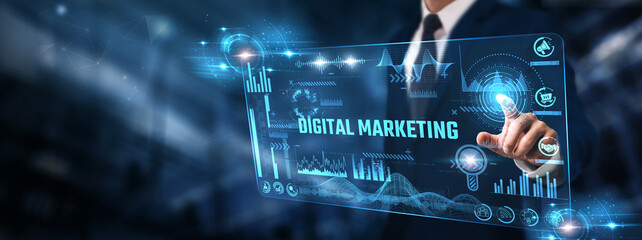Digital Marketing: Businessman analyzing digital screen of Graph data and customer engagement, conversion rates, SEO performance, social media trends, and advertising analytics.