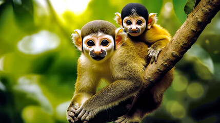 Obraz premium A couple of monkeys sitting on top of a tree branch