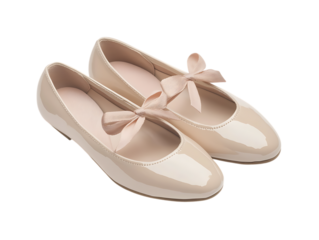Pair of beige patent leather shoes with pink ribbon bows.
