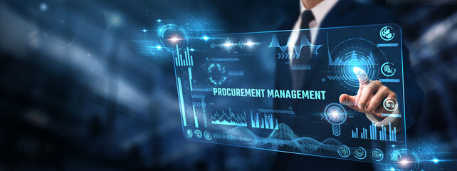 Procurement Management: Businessman analyzing digital screen of graph data and supplier evaluation,...