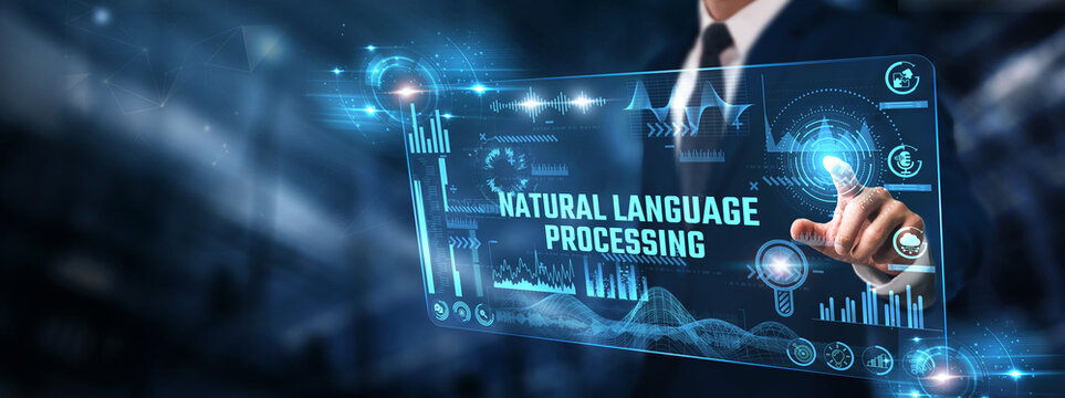 Natural Language Processing: Businessman analyzing digital screen of Graph data and sentiment analysis, text mining, machine learning, language models, and data interpretation.