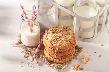 Hot and tasty sunflower seed cookies served with milk.
