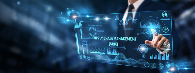 Supply Chain Management: Businessman analyzing digital screen of graph data and logistics optimization, inventory tracking, demand forecasting, supplier coordination, real-time monitoring.