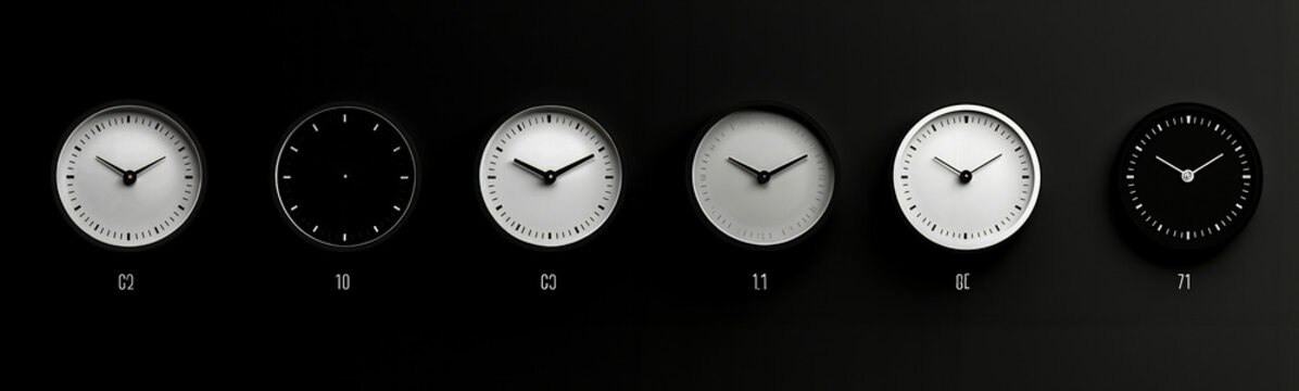 A row of clocks showing the time on a black background