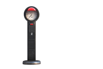 A solitary parking meter illuminated by sunlight on a quiet urban street isolated on transparent background