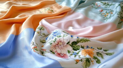 Delicate Japanese kimono fabric in soft pastels, highlighting detailed patterns and fine silk.
