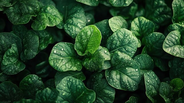 Bright green leaves glisten with fresh water droplets, highlighting nature’s purity and vibrancy in a serene, refreshing scene.
