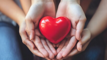 Obraz premium Family hands holding red heart, heart health insurance, charity volunteer donation, CSR responsibility, world heart day concept.