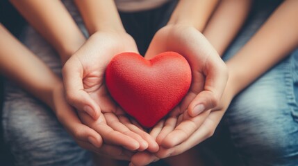 Obraz premium Family hands holding red heart, heart health insurance, charity volunteer donation, CSR responsibility, world heart day concept.