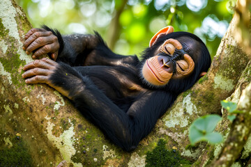 A baby chimpanzee sleeping in a tree in the jungle