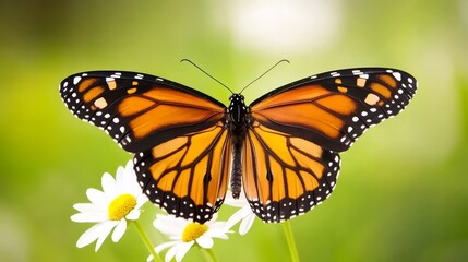 Naklejka premium Vibrant Monarch Butterfly Resting on Daisies in a Lush Green Garden Setting