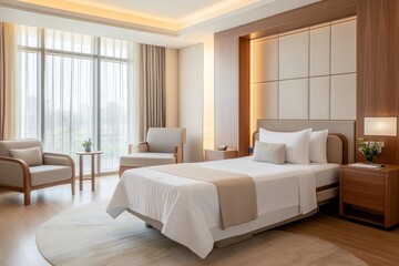 Hospital room with calming atmosphere and comfortable bed