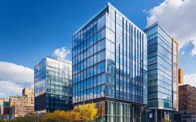 Obraz premium Modern Architectural Marvel: A stunning contemporary building with a sleek glass facade and modern architecture against a backdrop of a vibrant blue sky.