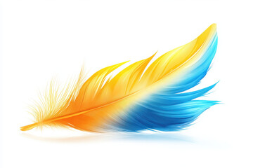 Obraz premium a single feather displaying a gradient of orange, yellow, and blue hues on a stark white background
