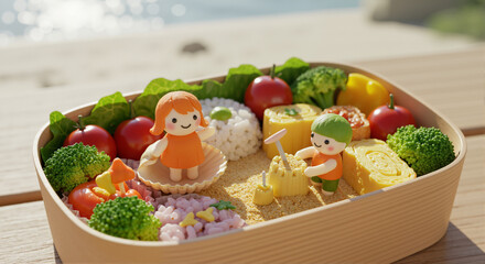 A vibrant 3D-rendered bento box with cute food characters—a girl and a boy—surrounded by fresh vegetables and sushi rolls. Placed on a wooden table by the sea, evoking a summer vibe