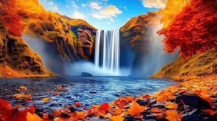 Fototapeta premium Autumn Waterfall Iceland Landscape