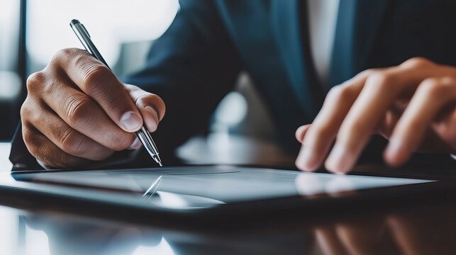Closeup of a businessman using a stylus for an electronic signature on a tablet signing a contract digitally