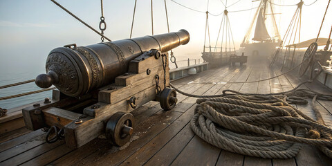 A well-preserved cannon rests prominently on the deck of an old ship. Ropes lay coiled nearby as the morning sun breaks through the mist, illuminating the serene waters