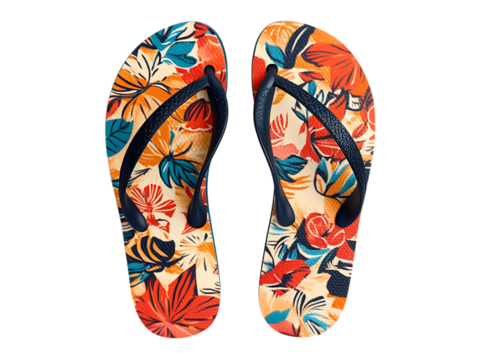 Colorful floral flip flops on black background