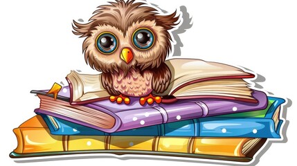 Sticker, an owl sitting on top of books 