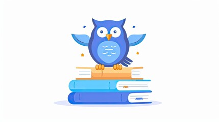 an owl sitting on top of books, with a colorful background 