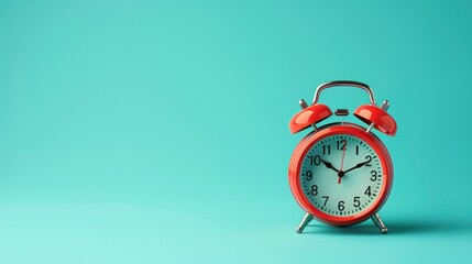 Classic Red Alarm Clock on Turquoise Background