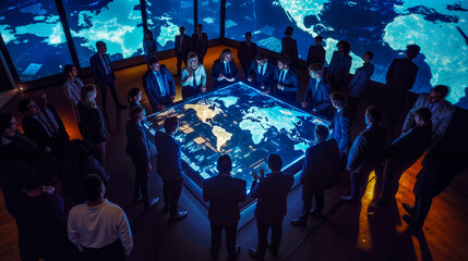 A group of people standing around a large screen with a world map on it