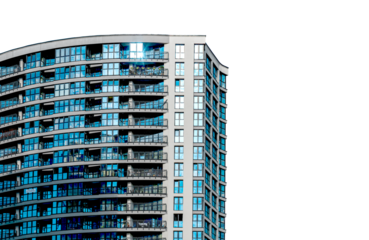 Modern high-rise condominium. facade with large windows, offering views of the urban neighborhood. New residential property in development. Isolated on white background.