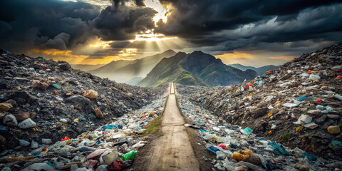 A road cuts through a vast garbage landfill with colorful waste, framed by majestic mountains...