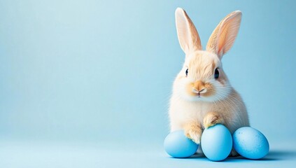 Obraz premium Cute Easter bunny holding pastel-colored Easter eggs on a light blue background, perfect for Easter-themed designs and decorations