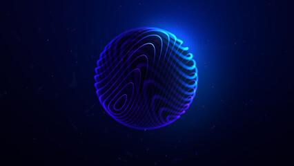Glowing sphere blue background. Holographic ball gradient. Geometric neon graphic fluorescent orb. Digital sphere background. Moon eclipse. Spark particles, night space.