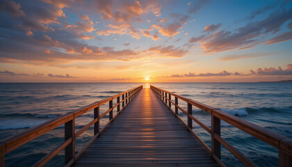 Fototapeta premium Sunrise Pier: Peaceful Ocean Dawn Photo
