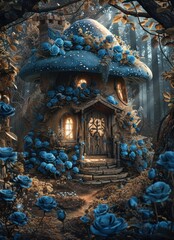 Fototapeta premium Enchanted Cottage Surrounded by Blue Roses in a Mystical Forest